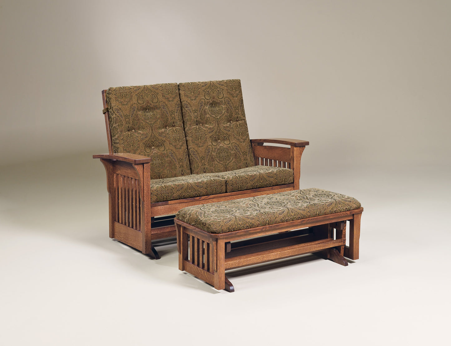 Bow Arm Slat Loveseat Glider Ottoman